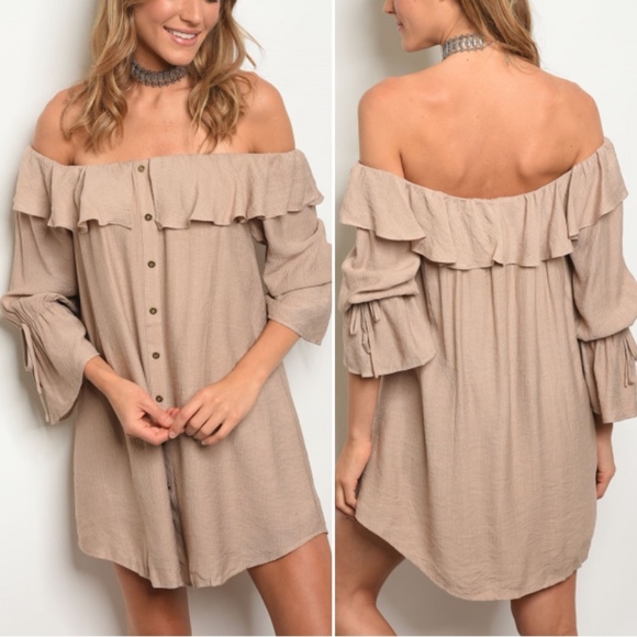 Dresses & Skirts - LAST 1! OFF SHOULDER/ BELL SLEEVE TAN SHIRT  DRESS